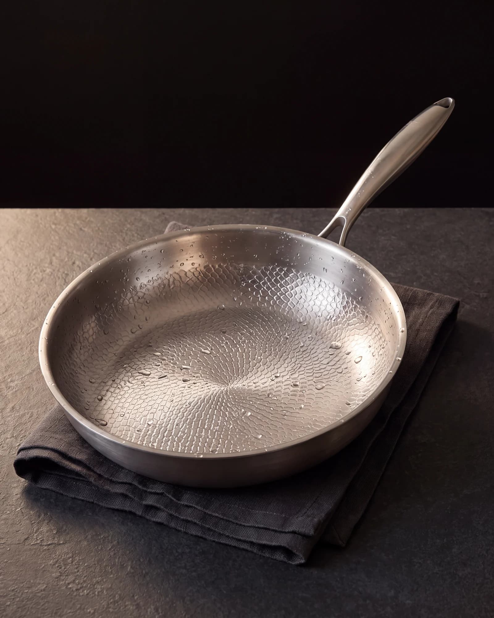 A titanium pan drying on a kitchen towel