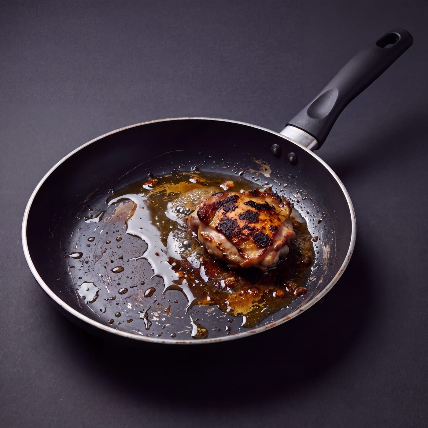 Chicken burnt and stuck to a worn non-stick pan