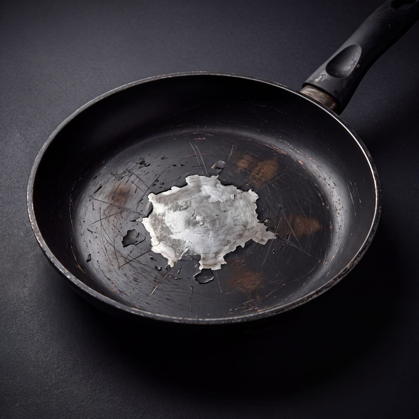 A non-stick pan with its coating peeled away in the centre
