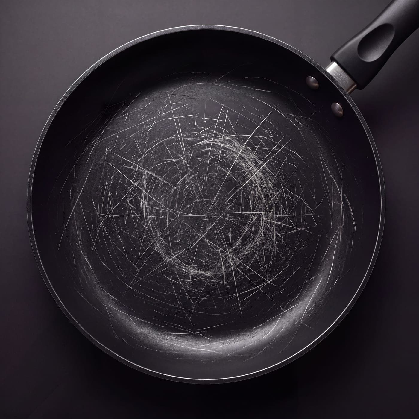 A non-stick pan covered in scratches