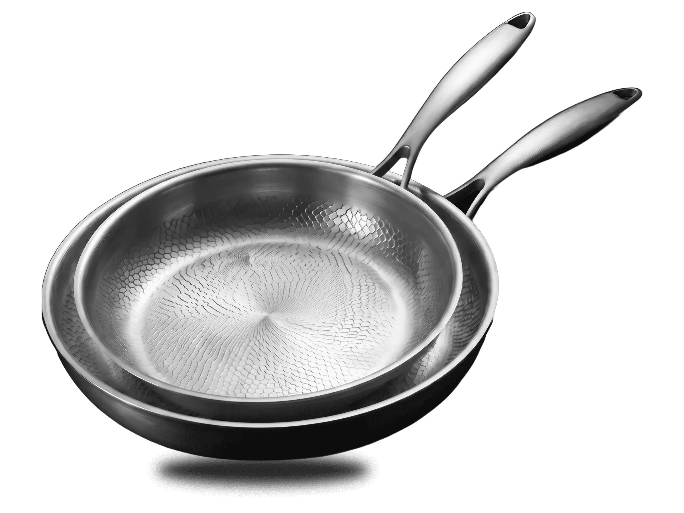 The 28 and 24 cm titanium pans nested, larger one at the bottom