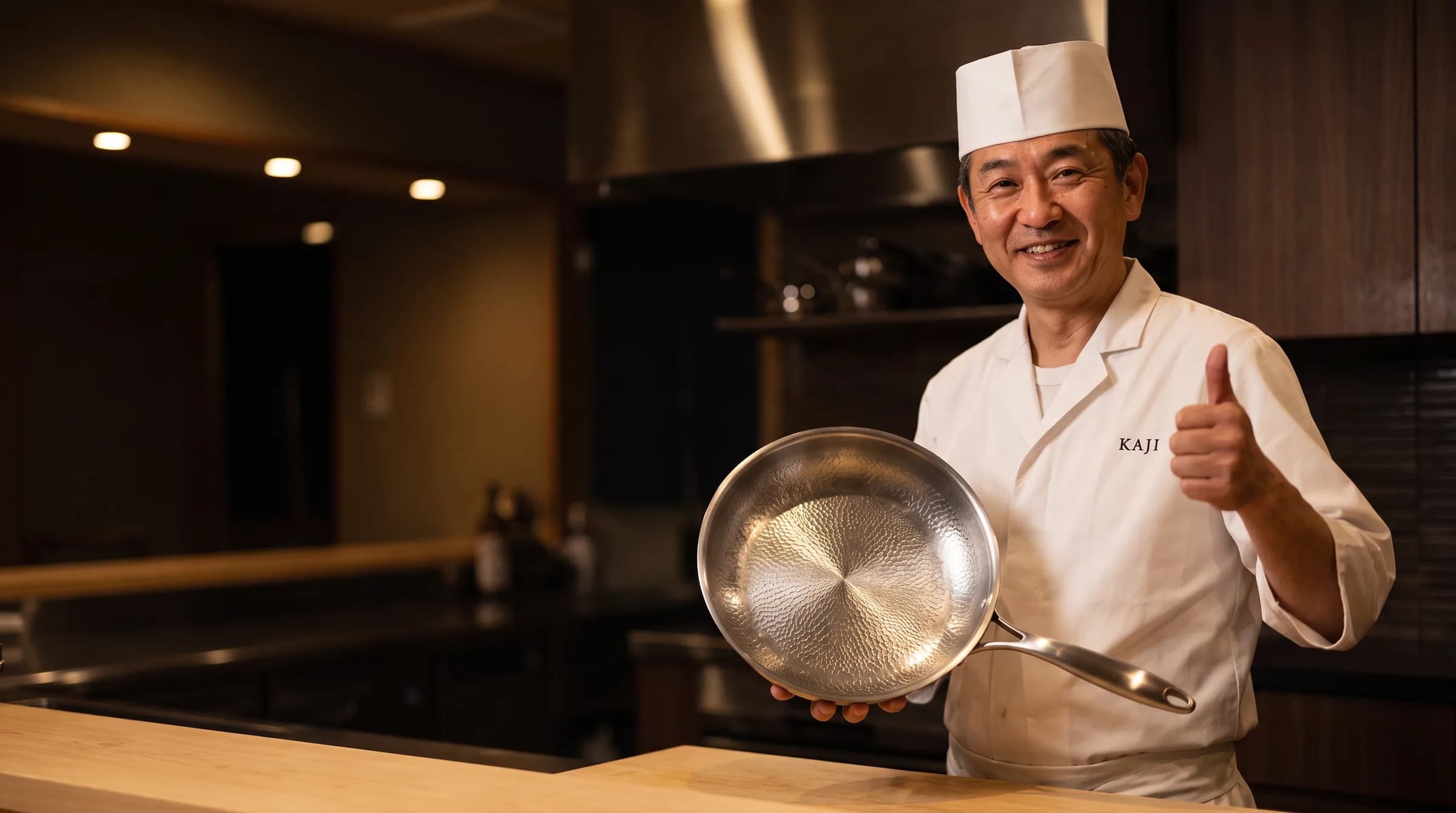 A smiling Japanese chef in a KAJI chef jacket holding the hammered titanium pan