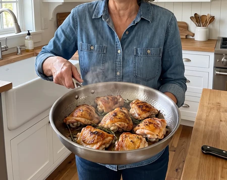 A smiling woman holding the titanium pan with crisp chicken thighs