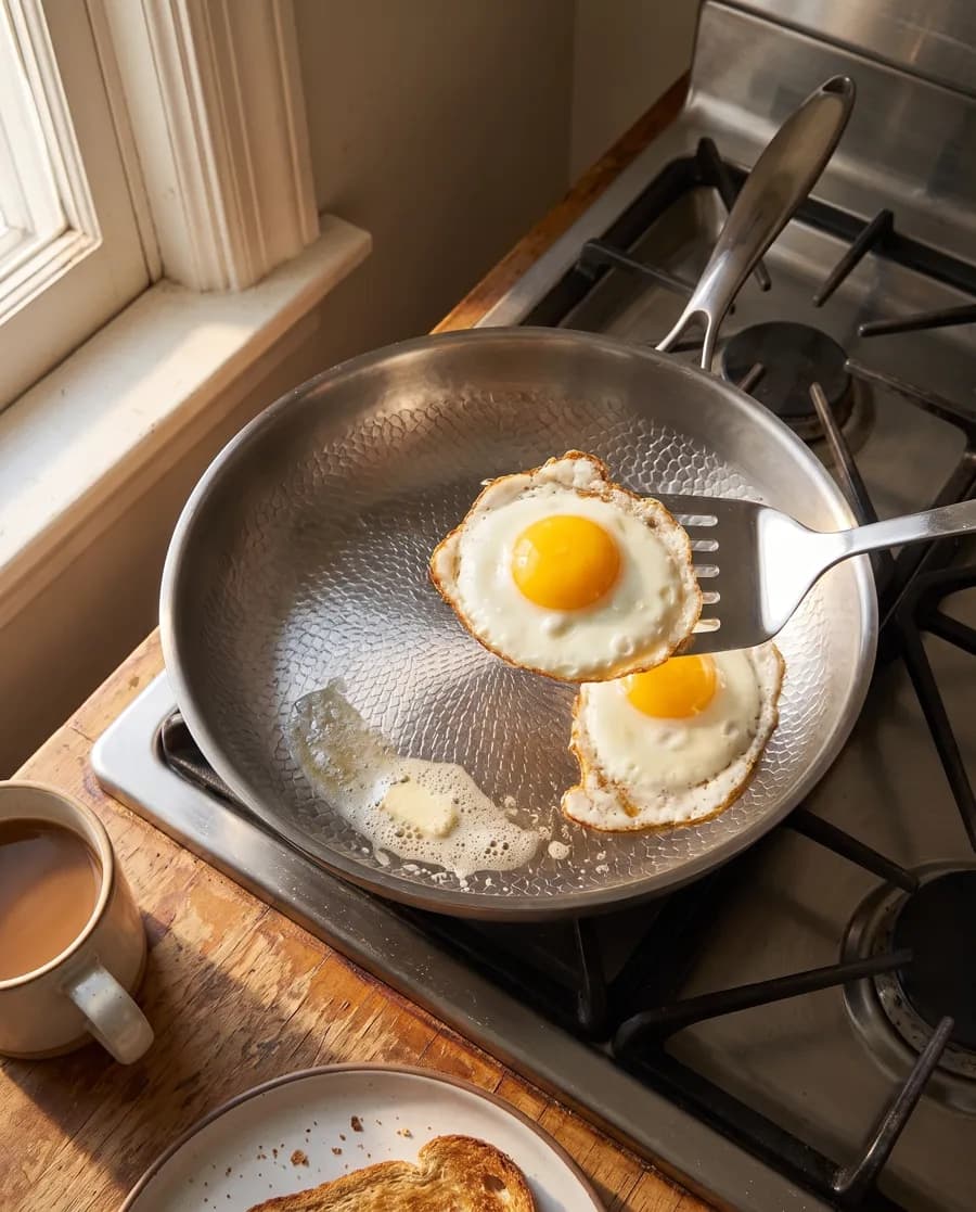 A spatula lifting a fried egg cleanly out of the titanium pan