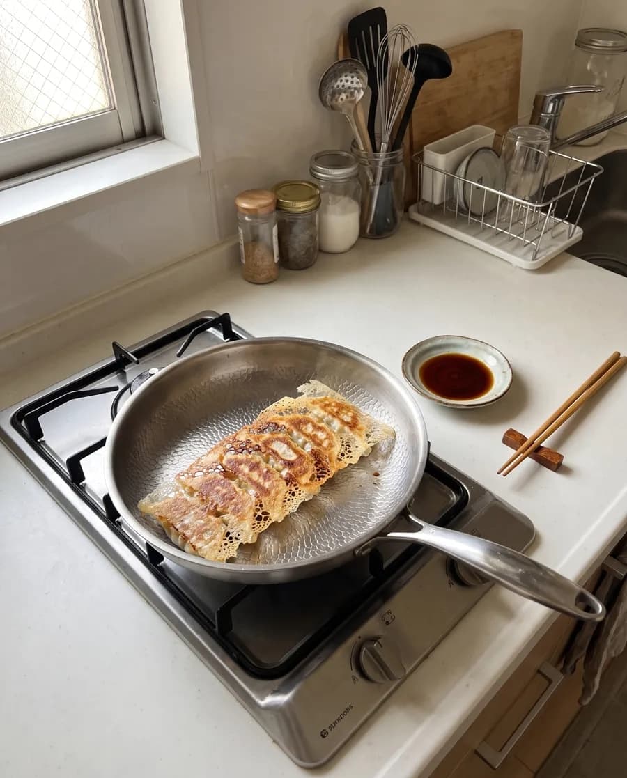 Pan-fried gyoza with golden bottoms in the titanium pan