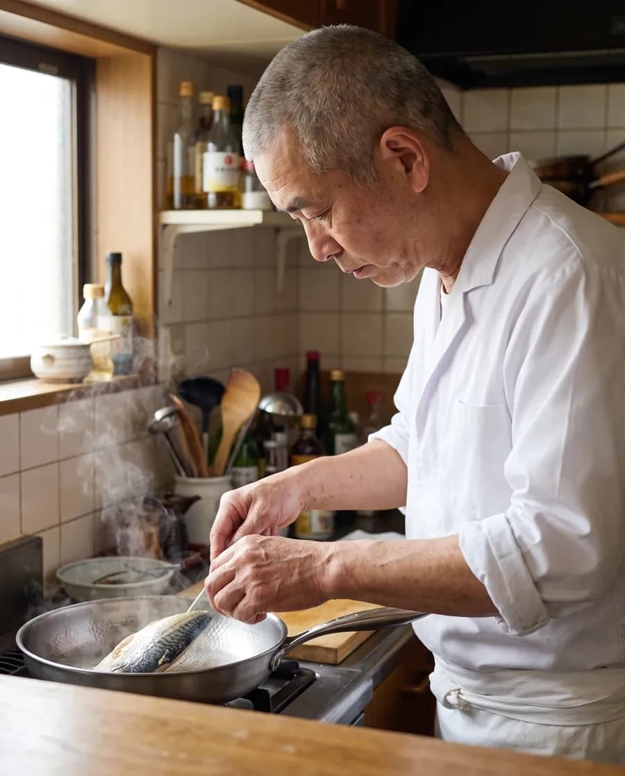 A man in a white cook's jacket searing mackerel in the titanium pan
