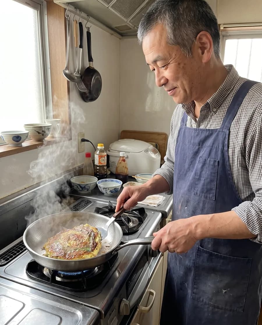 A man in an apron cooking okonomiyaki in the titanium pan