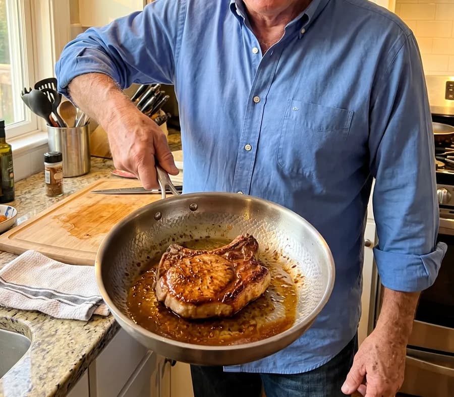 A laughing man holding the titanium pan with a seared pork chop in pan sauce