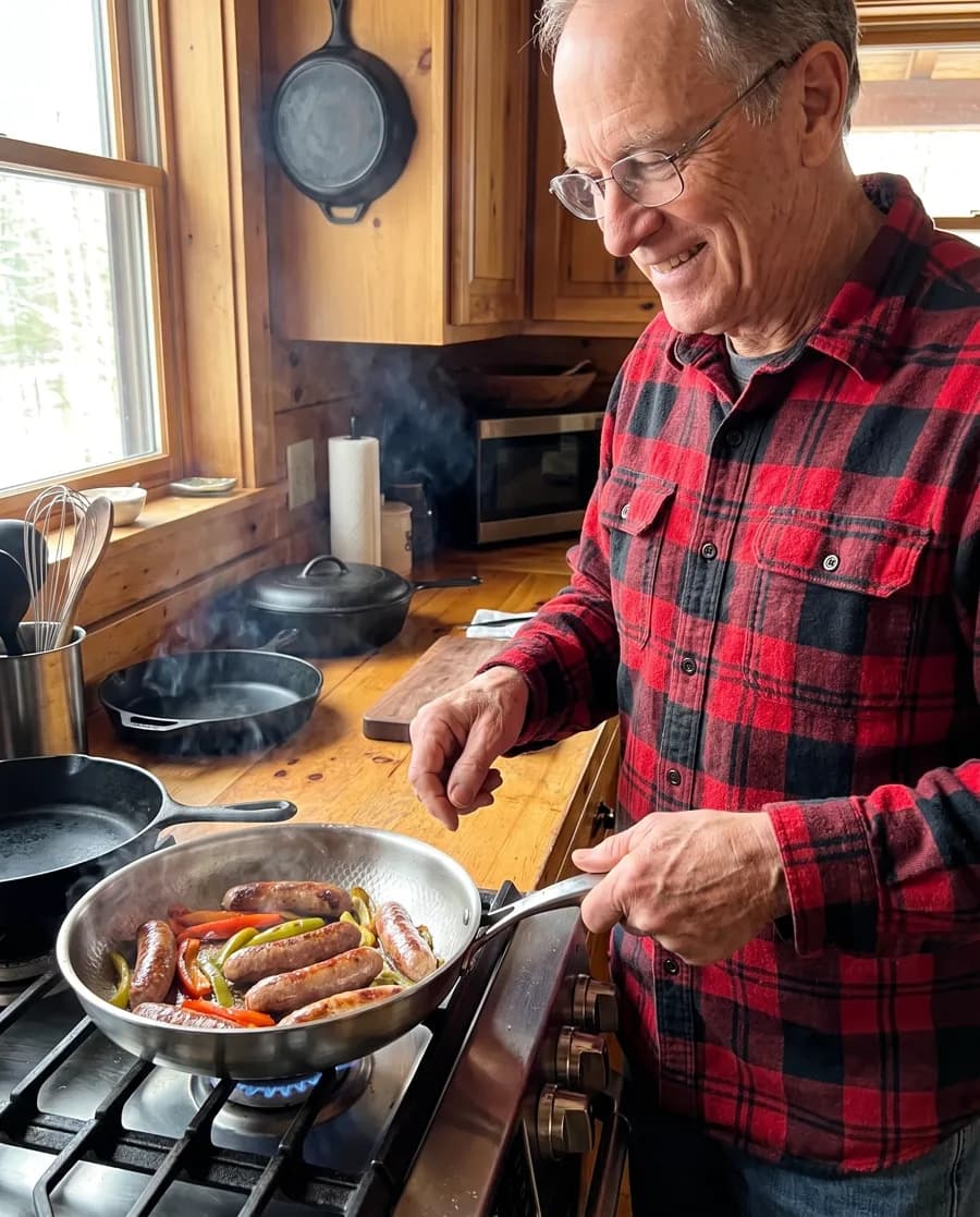 An older man cooking sausages and peppers in the titanium pan