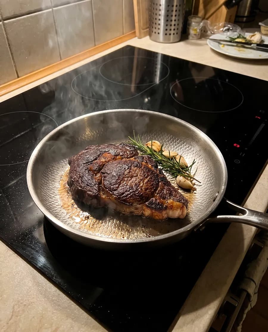 A ribeye steak searing with rosemary in the titanium pan