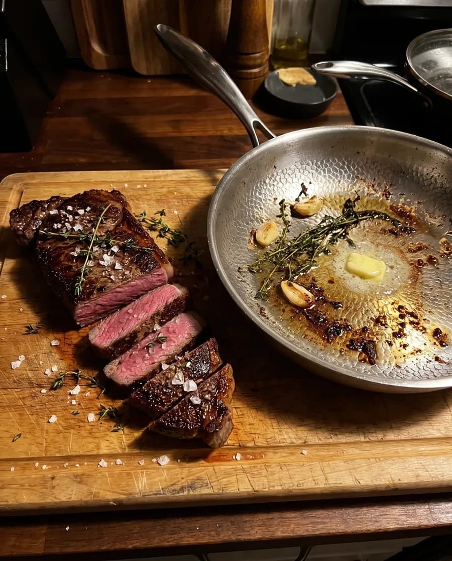 A sliced medium-rare steak next to the titanium pan