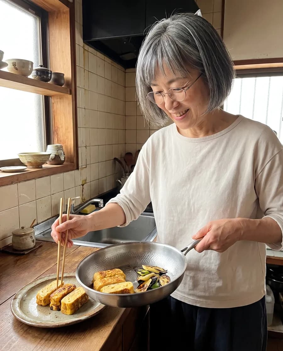 A woman serving rolled omelette and vegetables from the titanium pan