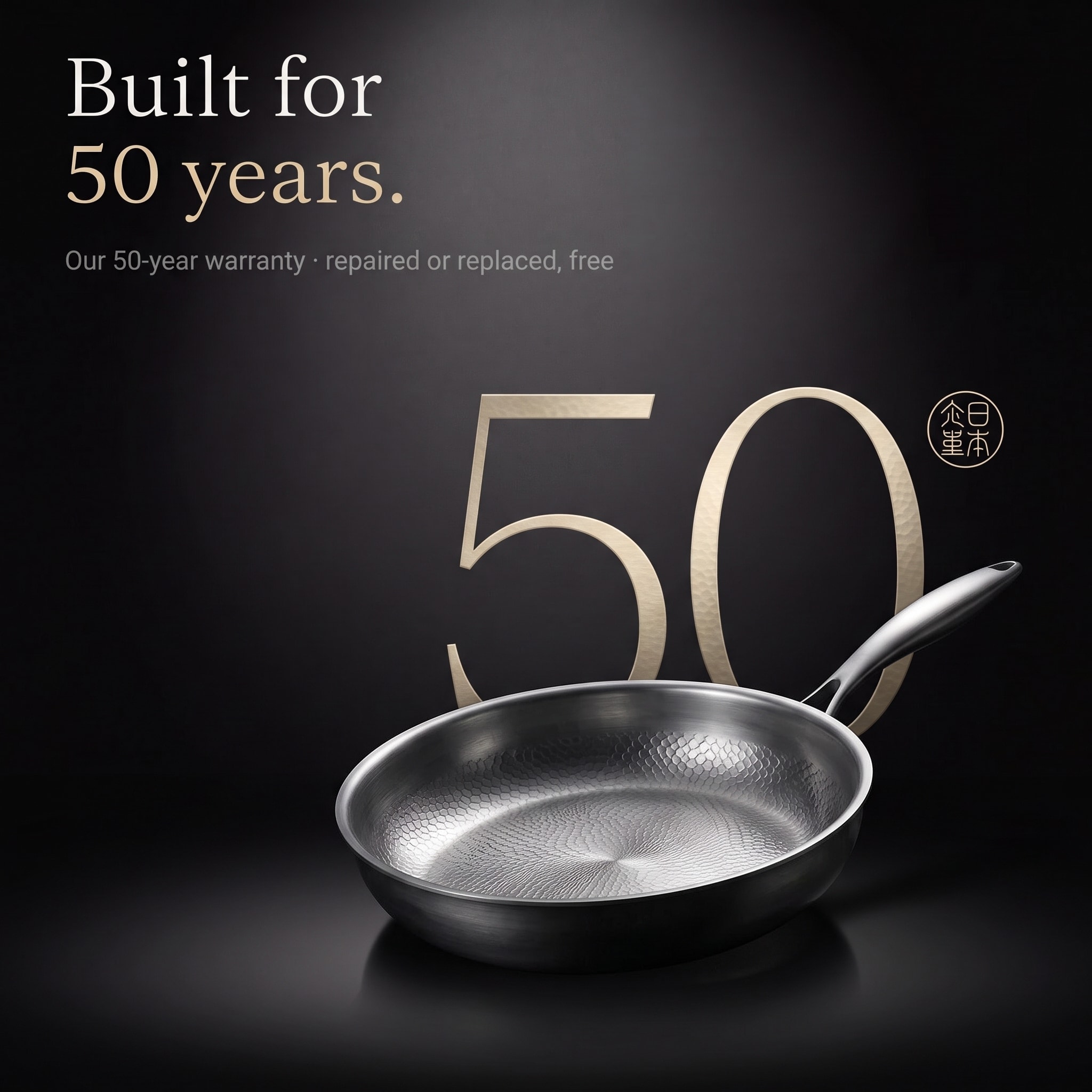 Built for 50 years: the titanium pan in front of a hammered gold 50, for the 50-year warranty
